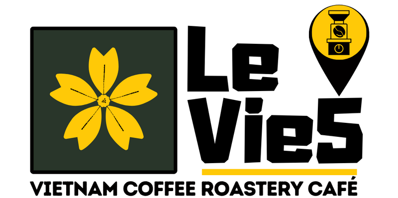 Logo of Le Vie5 Vietnam Coffee Roastery Café with a yellow flower and coffee roaster icon on a white background.