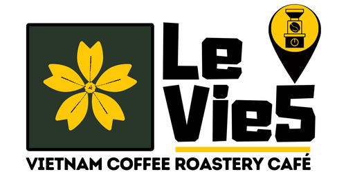Logo of Le Vie5 Vietnam Coffee Roastery Café with a yellow flower and coffee roaster icon on a white background.